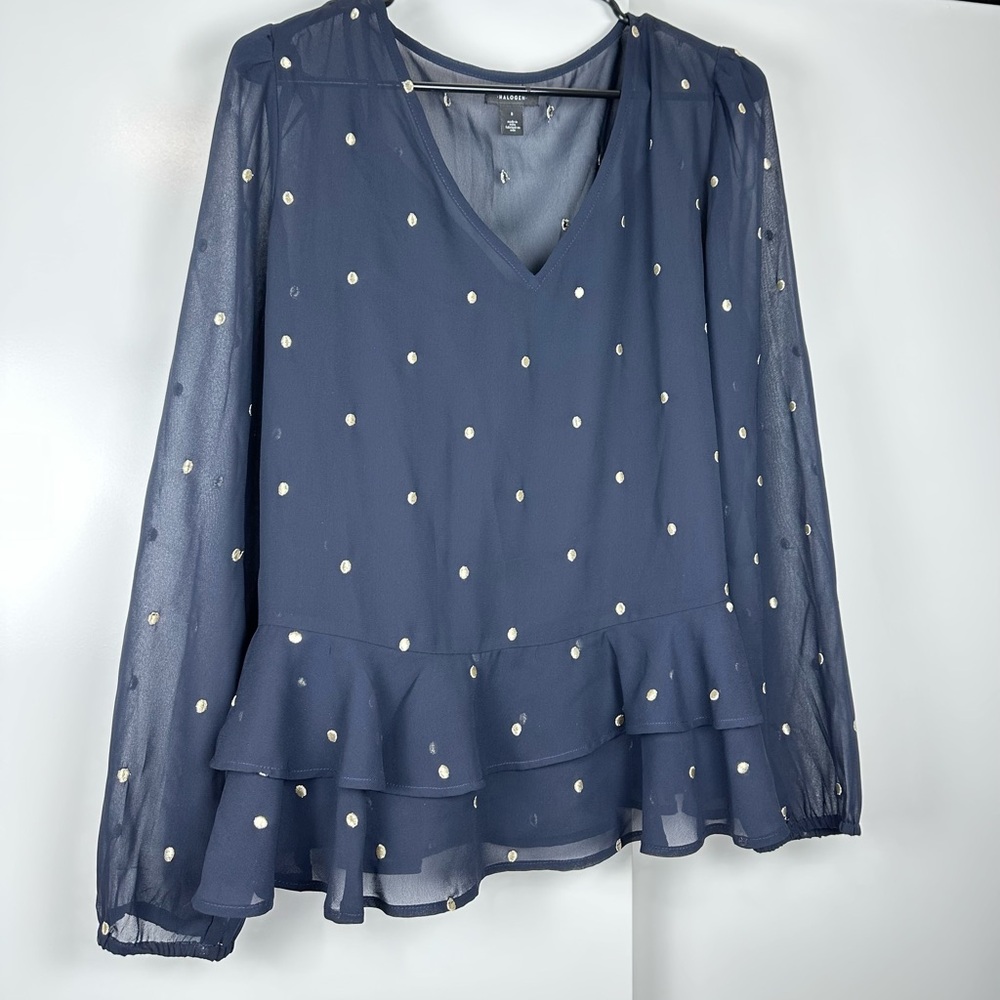 Halogen Navy Blue Long Sleeve V-neck Tiered-hem Sheer Blouse Gold Polka Dot Sz S